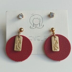 Handmade Red Faux leather Dangle and Crystal Stud Earring Set Gold Tone 2 Pair